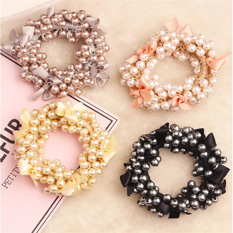 Fashion Elegant Lady Rubber Band Rope Pearl Hair Ring Girls Beaded Scrunchies Bands Ponytail Hair Accessories Elastic Headband