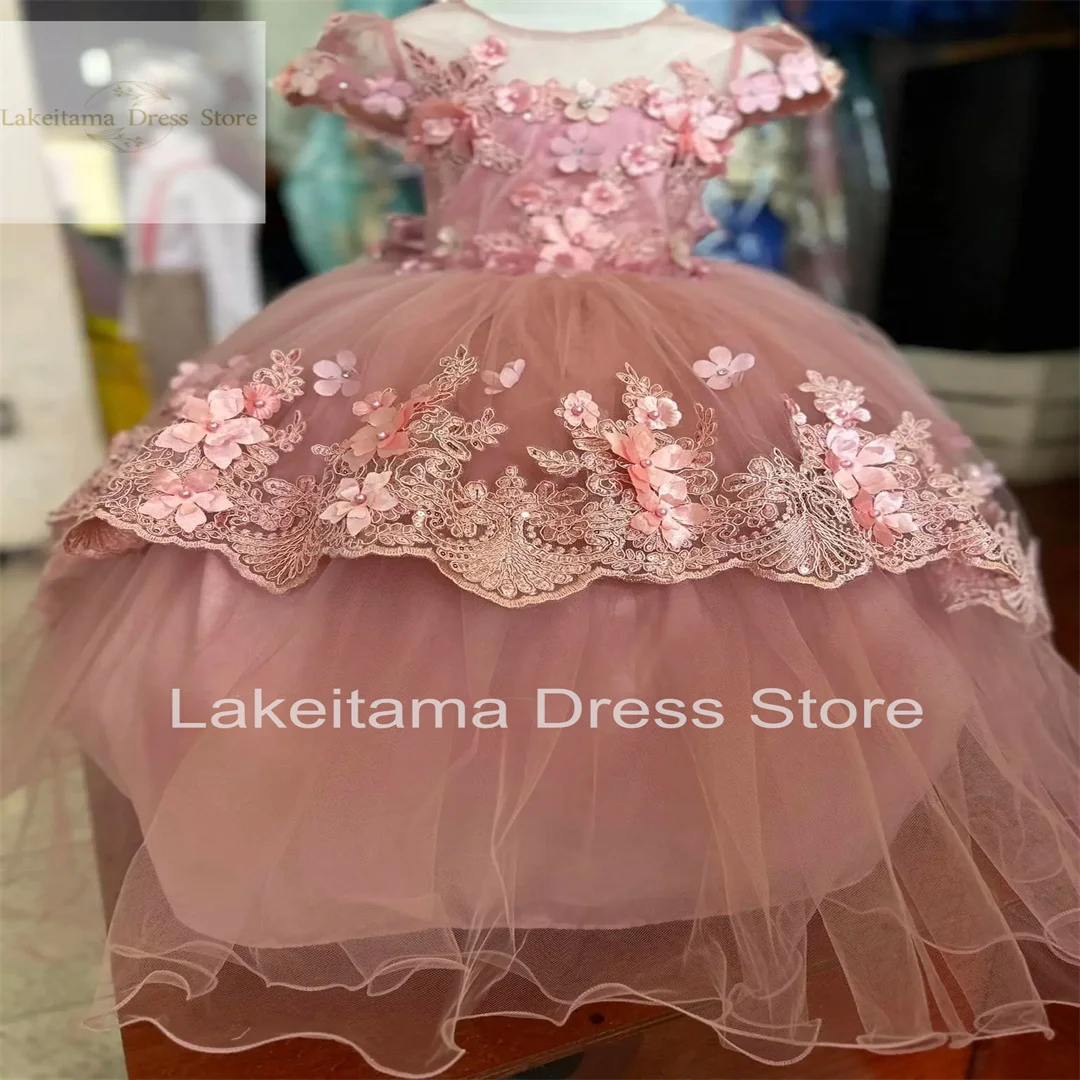 3d Applique Pink Flower Girl Dress For Wedding Puffy Tulle Floor Length Birthday Party Dress Pageant Toddler Baby Prom Gowns