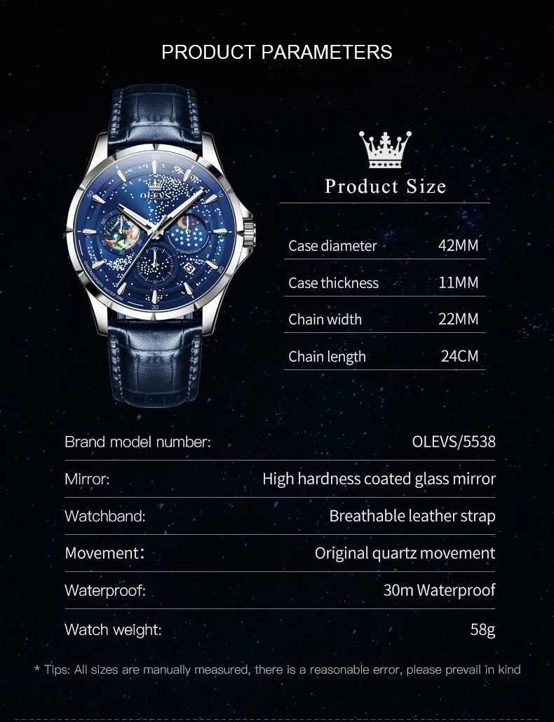 OLEVS 5538 Starry Sky Design Quartz Men\'s Watches Blue leather Strap Moon Phase Wristwatch