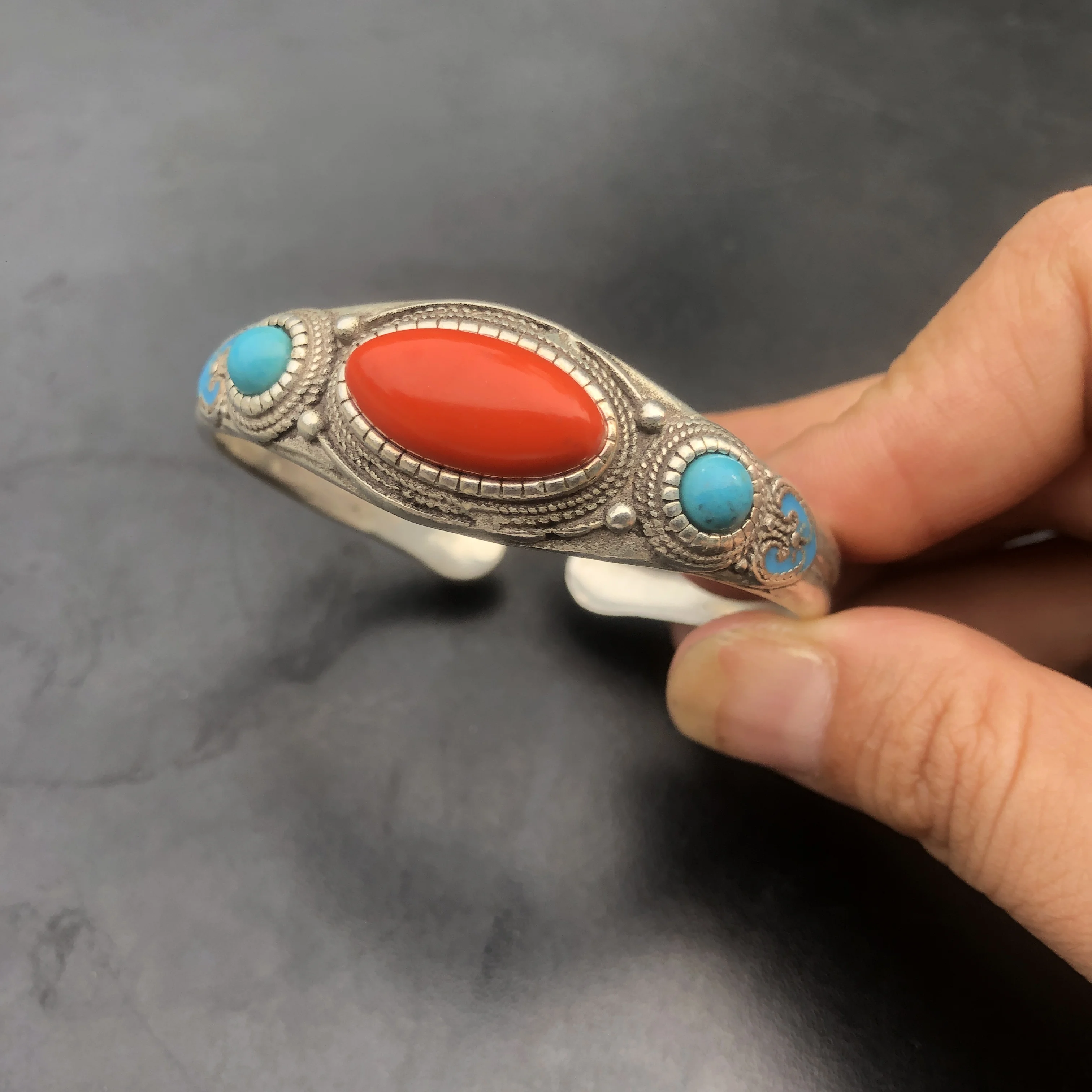 Tibetan Ethnic Open Cuff Bangle, Antique Silver Tone Filigree Bracelet Inlaid Red & Turquoise Stone, Vintage Enamel Craft Adjust