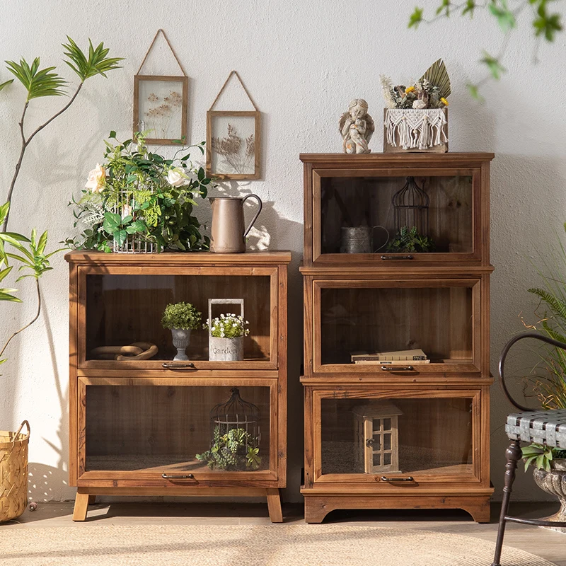 

Wabi Sabi style retro solid wood American style homestay home with glass door against the wall, handmade tea display cabinet
