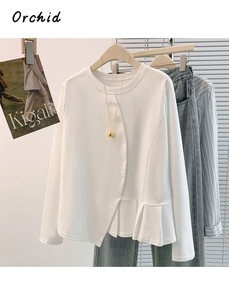 

Осень 2023, повседневные шикарные однобортные однотонные футболки с длинными рукавами, женские модные стильные футболки, белые топы с круглым вырезом