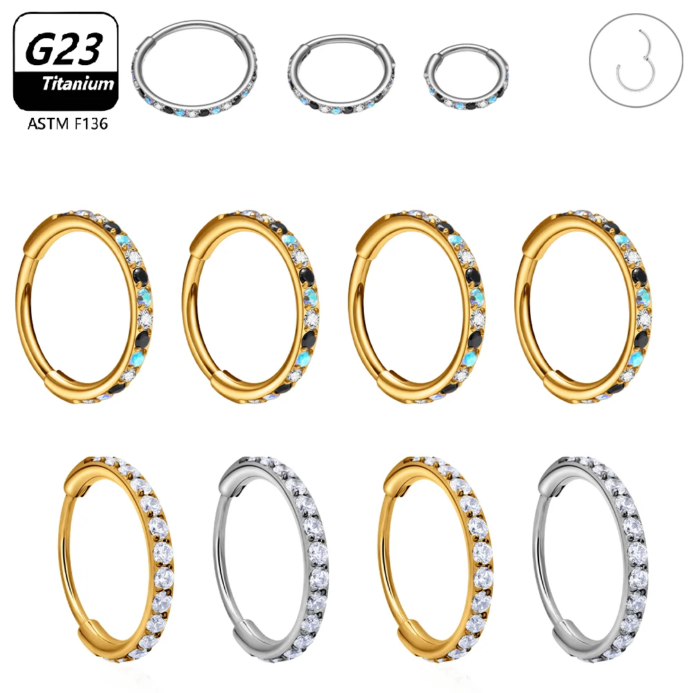 Anneau de nez en titane avec fermoir à charnière en forme de cercle, pierre CZ, pour septum, labret, helix, tragus, conch, daith, rook, cartilage, lèvre, bijoux de piercing