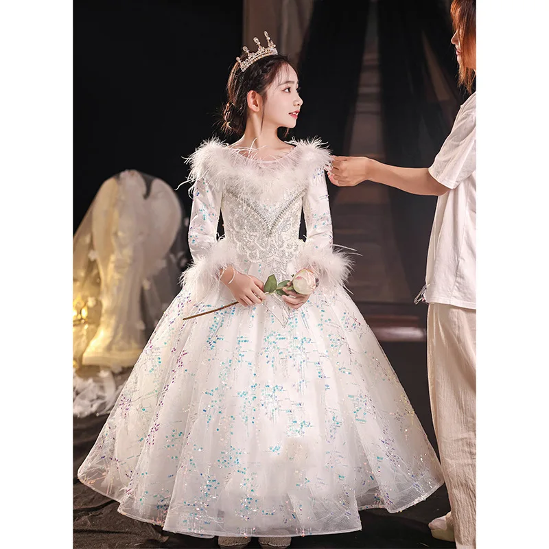 Children's Dress High-End Light Luxury Niche Exquisite Princess Dress Sequin Spring Autumn Long Sleeve Piano Performance Host Gi