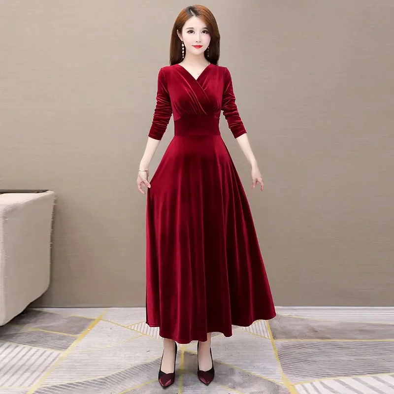 Golden Velvet Dress Women Spring Autumn Long Sleeved Improved Waist-cinching Dress Temperament High-end Winter Long Vestidos