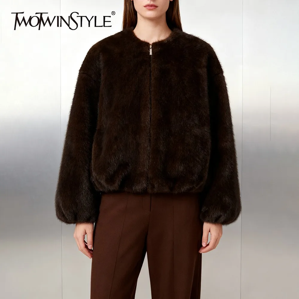 

TWOTWINSTYLE Warm Stylish Design Fur Coat with Zipper for Women O Neck Long Sleeve Spliced Pocket Luxurious Jacket Female Winter