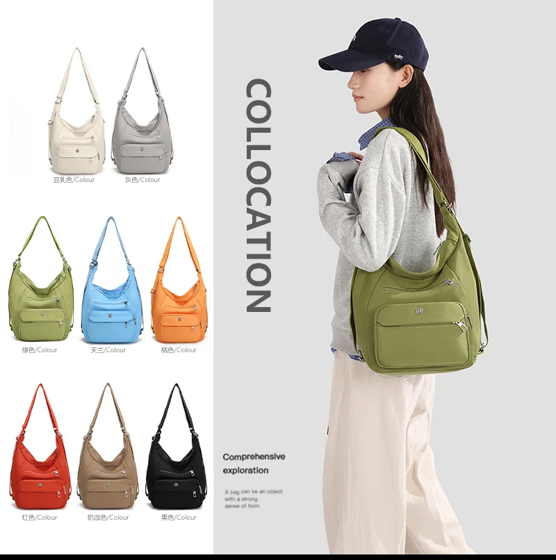 

Nylon fabric lightweight multi-pocket women's crossbody bag, multi-functional backpack, large-capacity single-shoulder bag