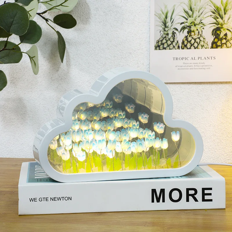 DIY Cloud Tulip LED Night Light Tulip Flower Sea Night Light Atmosphere Lamp Mirror Table Lamps Bedroom Ornaments Decoration