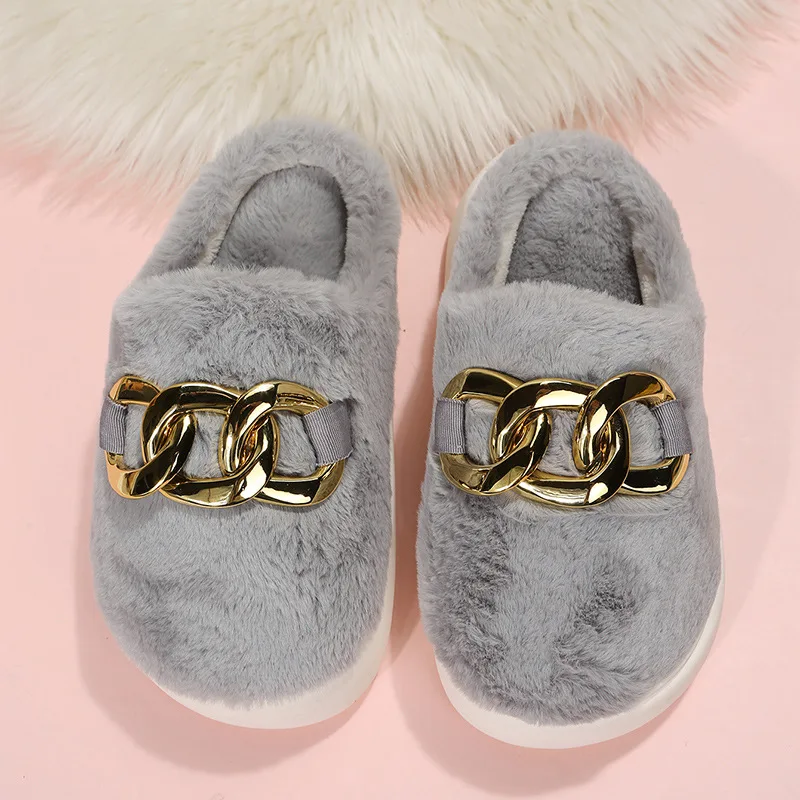 

Plus Size 42 43 chain slippers home women clogs indoor winter platform furry slides woman fluffy flipflops 2024 new flat mules