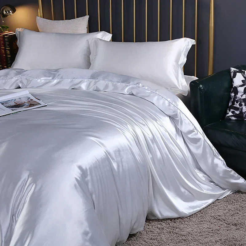 Silk Bedding Set with Duvet Cover Fitted/Flat Bed Sheet Pillowcase Luxury Satin Bedsheet Solid Color King Queen Twin Size