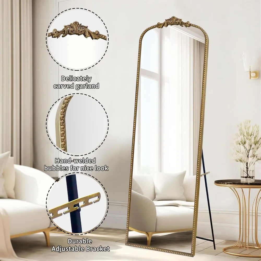 Vintage Gold Floor Mirror - 65''x22'' Full Length Tempered Glass Standing or Wall-Mounted Body Mirror