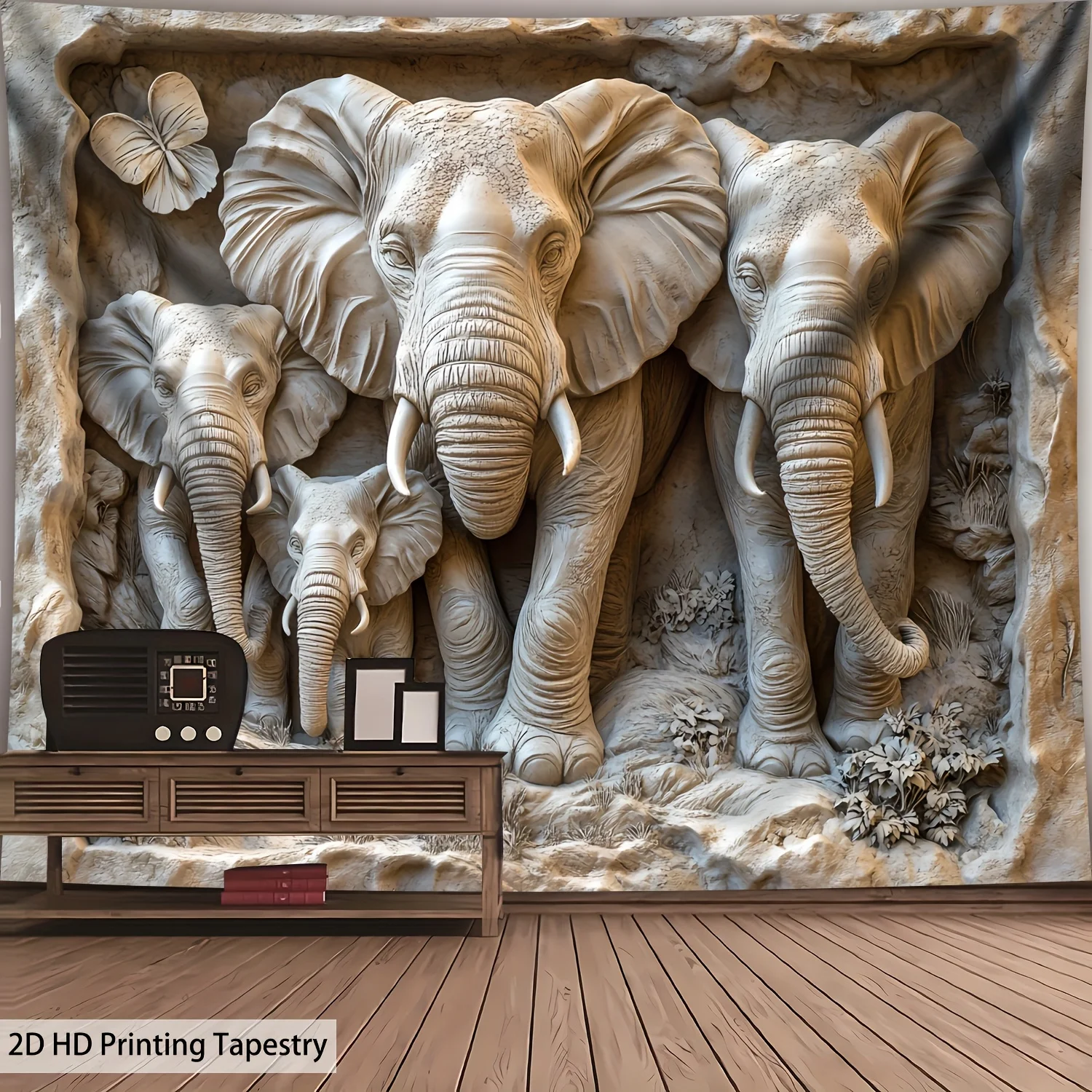 VIKAMA 3D Relief Elephant Family Tapestry Stone Cave Sculpture Animal Wall Hanging Living Room Bedroom Background Decor
