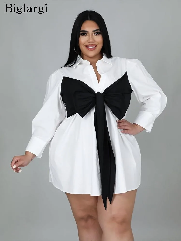 Plus Size Autumn Mini Shirts Dress Women Bow Fashion Patchwork Long Sleeve Ladies Dresses Pleated Ruffle Office Woman Dress 2023