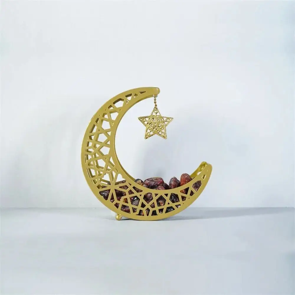 

Eid Mubarak Crescent Snacks Storage Tray Iron Art Hollow Erective Ramadan Fruit Dessert Tray with Star Pendant Home Decoration