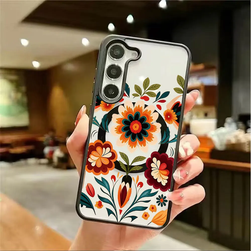 Attractive Beautiful Floral Pattern Colorful Magnetic Phone Case For Samsung Galaxy S26 S25 S24 S23 S22 Ultra Plus FE 5G Cover