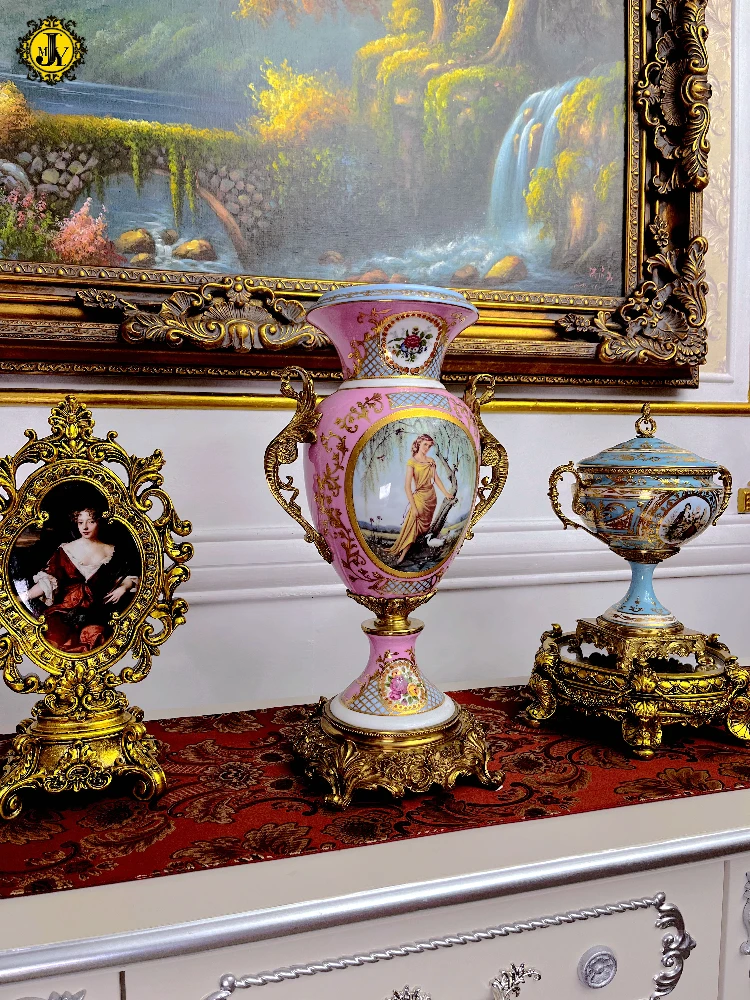 Pompadour rose, copper with porcelain French court style vase European style villa living room luxury ornament