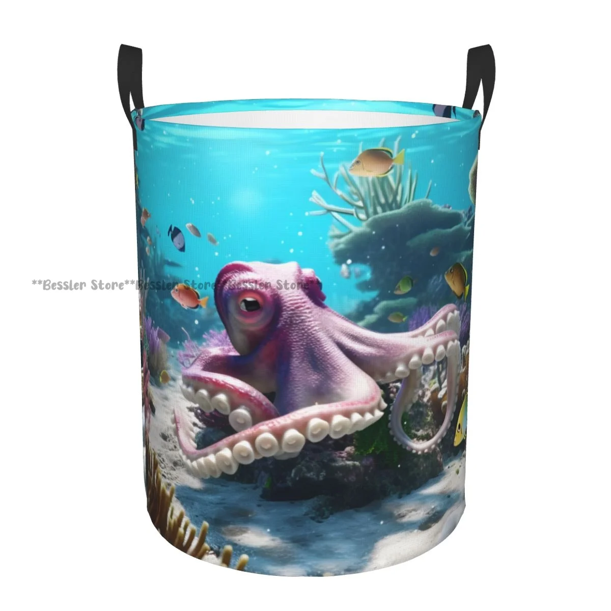 Octopus On Coral Reef Underwater World Laundry Basket Folding Dirty Clothes Toys Storage Bucket Household