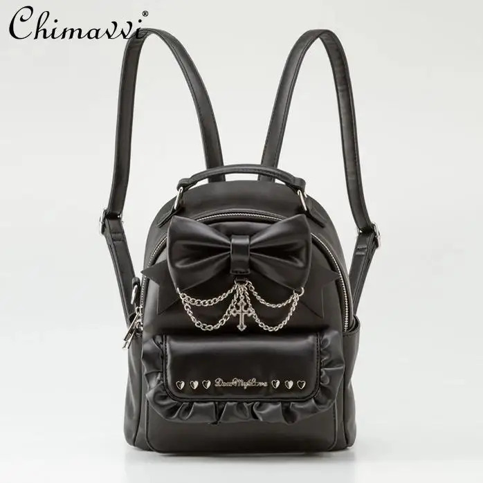 

Japanese Mines Mass-produced Bow Cross Chain PU Leather Backpack Jk Girl Versatile Backpack 2025 Spring New Womens Black Bags