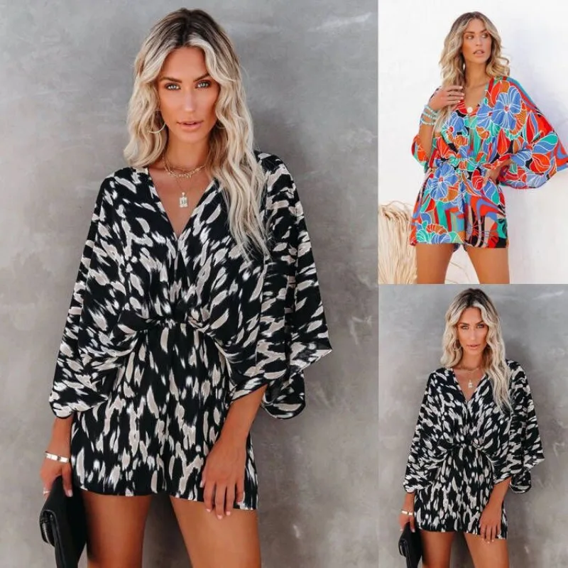

Print Short Sleeved Waist Up Backless Lace Up Loose Fitting Jumpsuit for Women's Fashionable Boho Beach Style