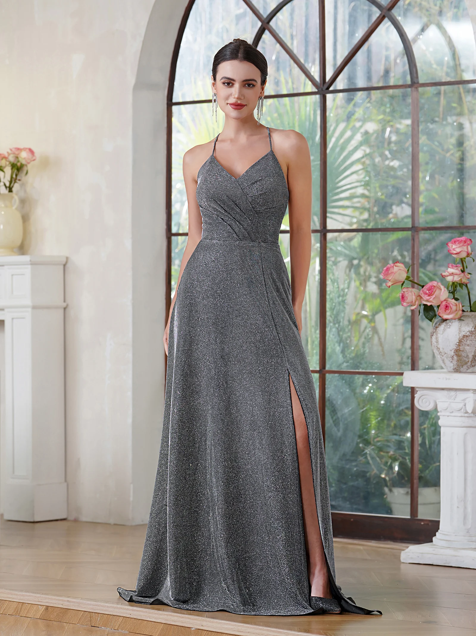 

Sexy Grey Backless Prom Dresses with V-Neck & High Slit, Sparkling A Line Maxi Gowns for Formal Dance, Spaghetti Straps CPS3043