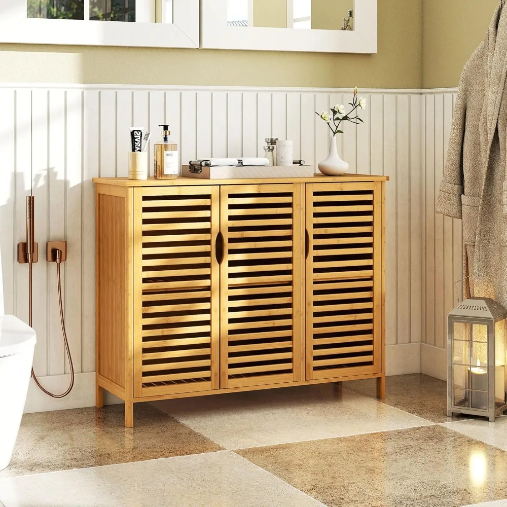 

Bamboo Bathroom Storage Cabinet, 3-Door Storage Organizer with Shelves, reestanding loor Cabinet, Slatted Bamboo Home urniture o