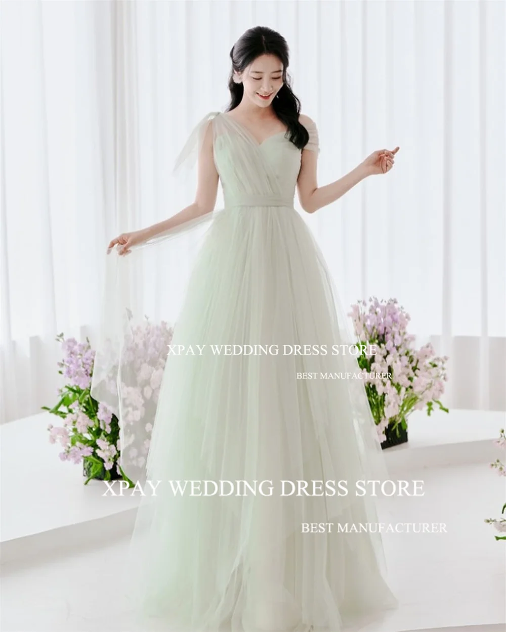 XPAY Light Green Wedding Evening Party Dresses Korea Sweetheart One Shoulder Long Prom Gowns Customised Vestidos de fiesta