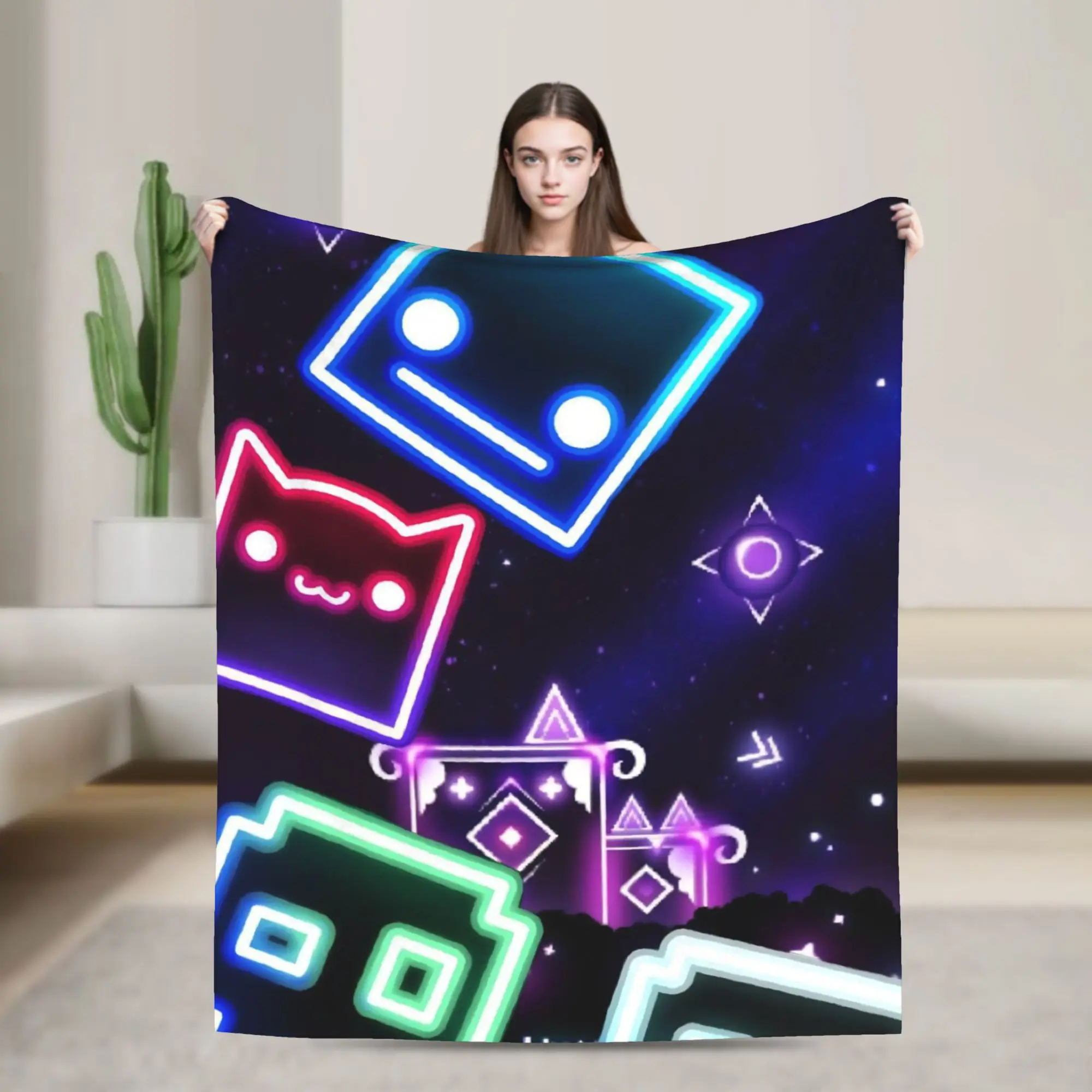 Super Soft Geometry Dash Games Throw Blanket Premium Flannel Fleece Lightweight Bed Blanket Cozy Fluffy Bedspread All Season Use