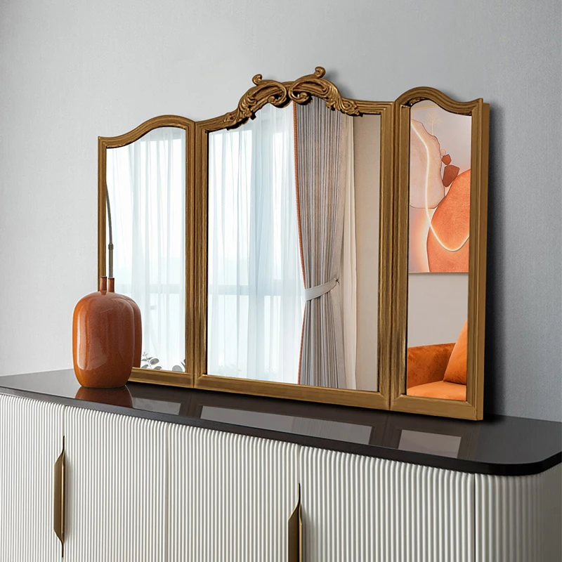 Cermin lipat tiga bergaya retro Prancis, cermin kamar mandi, gantung dinding, toilet, lipat, lemari rias kamar tidur, bergaya abad pertengahan, tiga sisi
