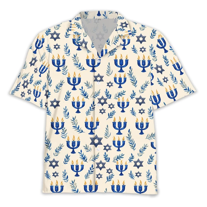 Happy Chanoeka 3D bedrukte shirts met korte mouwen voor herenkleding Chanukka vakantie revers blouse kaars dag knop kleding unisex