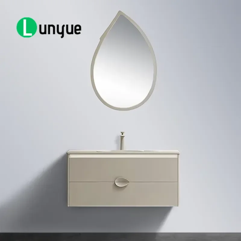 Curved Wave Floating Bathroom Sink Set Silver Gray Glossy Solid Surface Plywood Round Wood Frame LED Mirror Wall Mounted