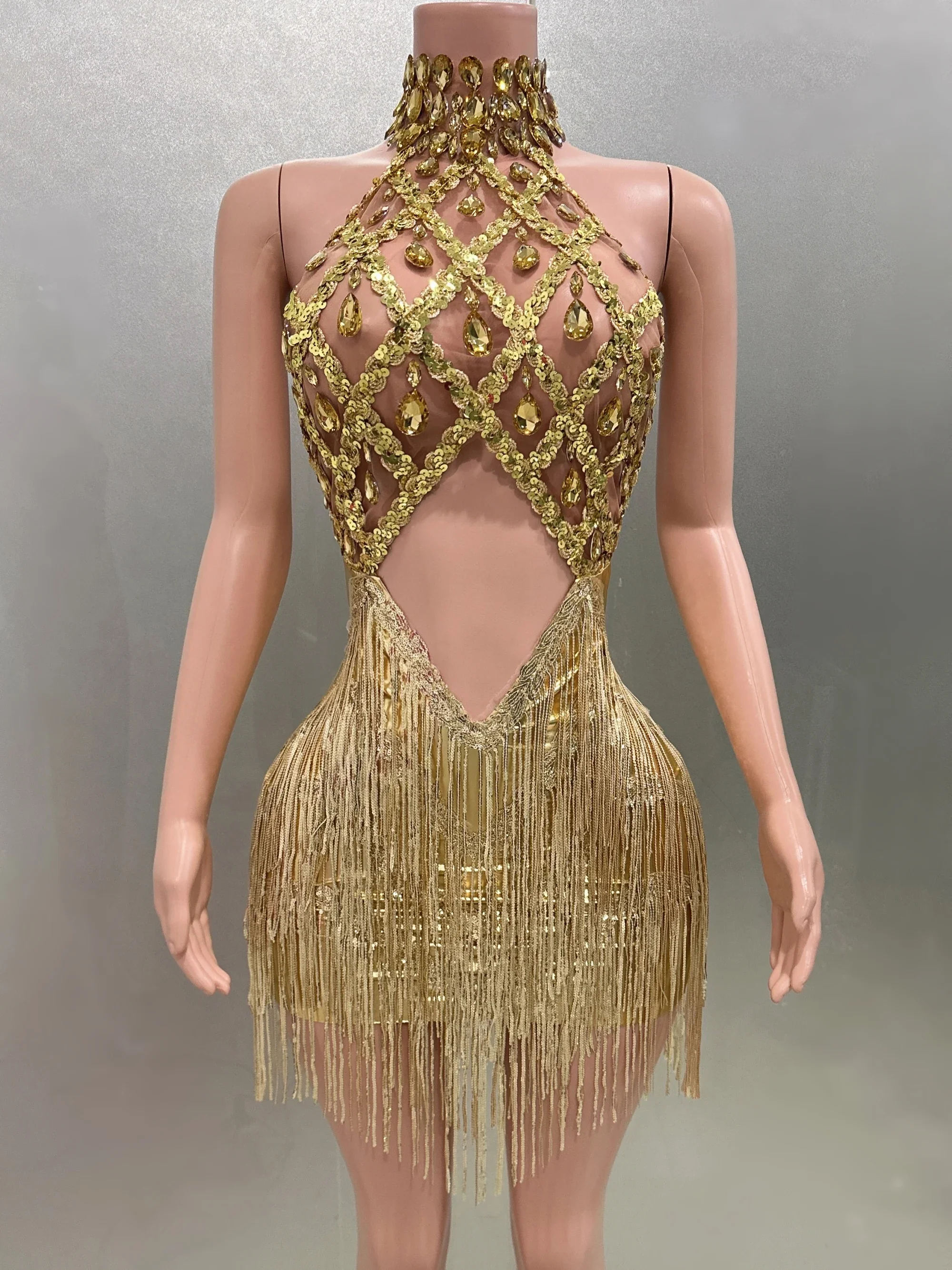 Gold Color Rhinestones Tassels Women Sexy Halter Backless Mini Dress See Through Sexy Nightclub Party Celebrate Birthday Dress