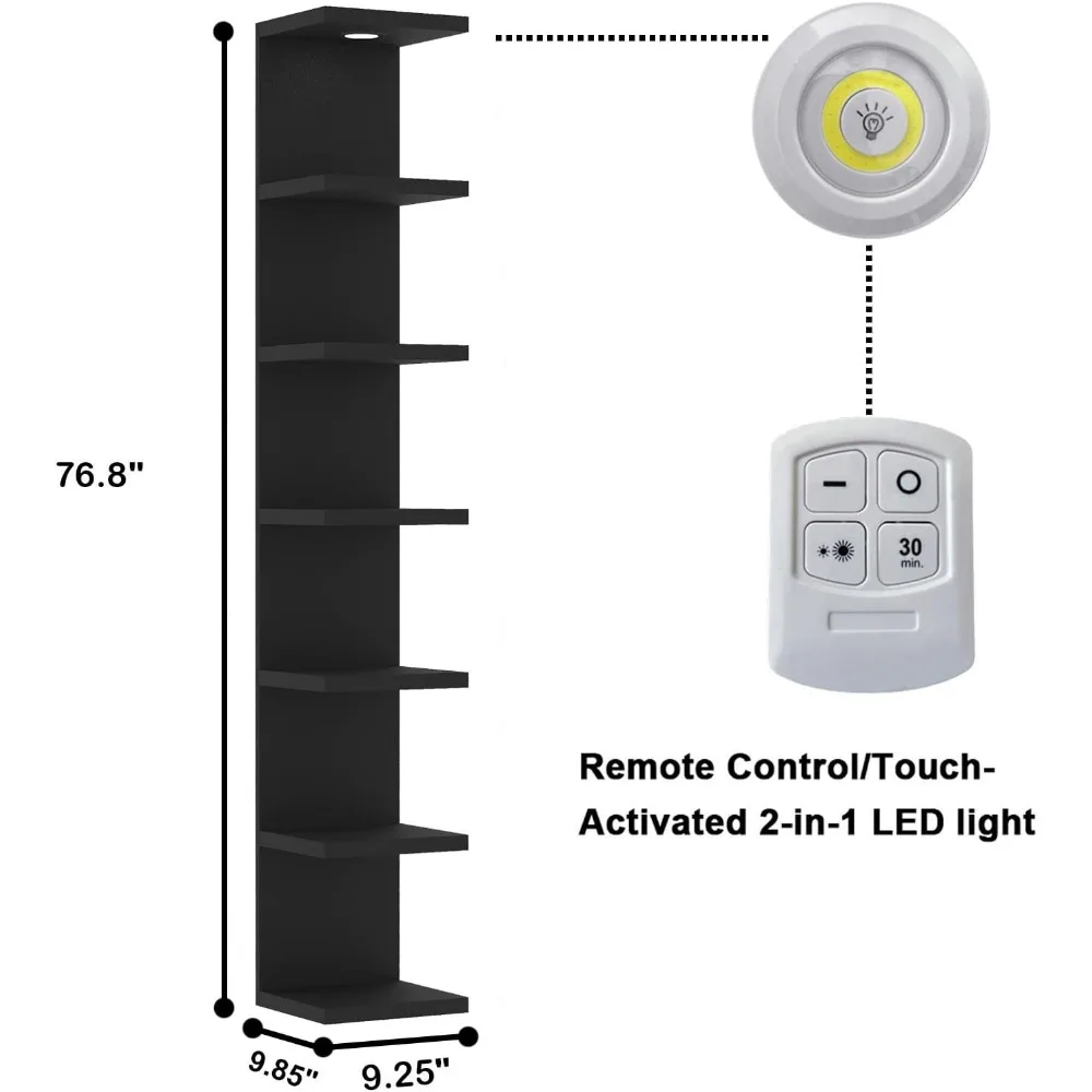 XMSJ Unit rak dinding serbaguna 7 tingkat, rak dinding pendek hitam, rak Tampilan mengambang dengan lampu Remote kontrol LED