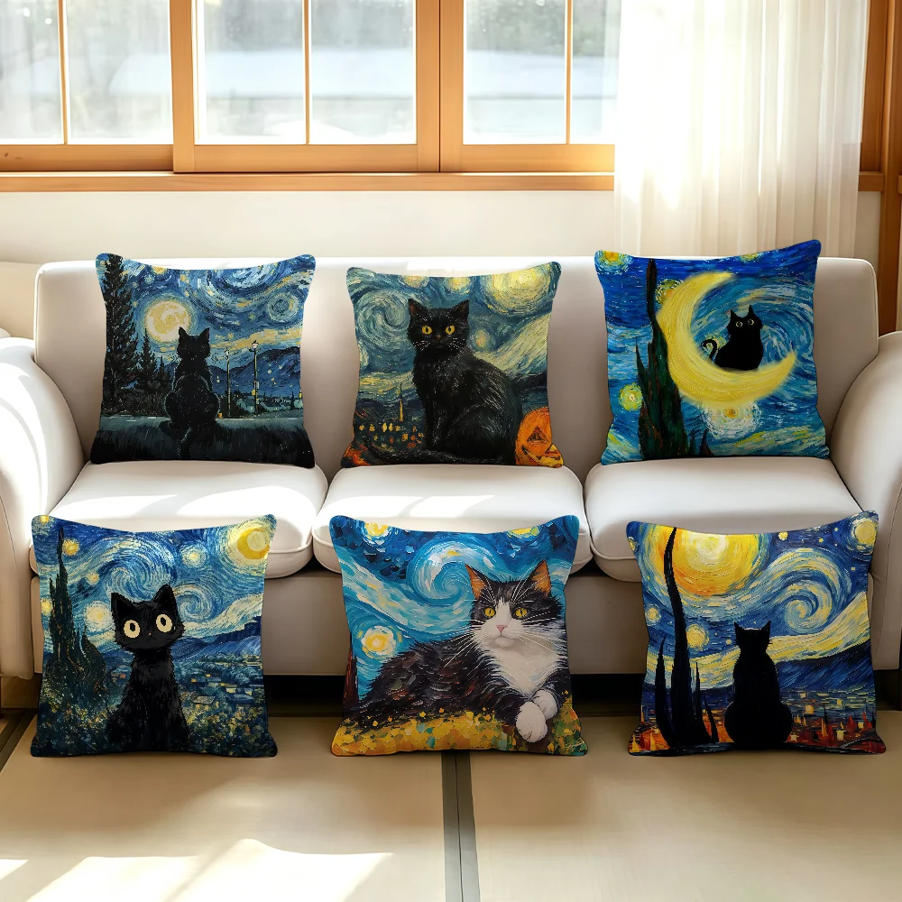 Black Cat Painting Cushion Cover Anti-Dustmite Sofa Cushion Decorative Office Cover Lounge Area Indoor & Outdoor Use