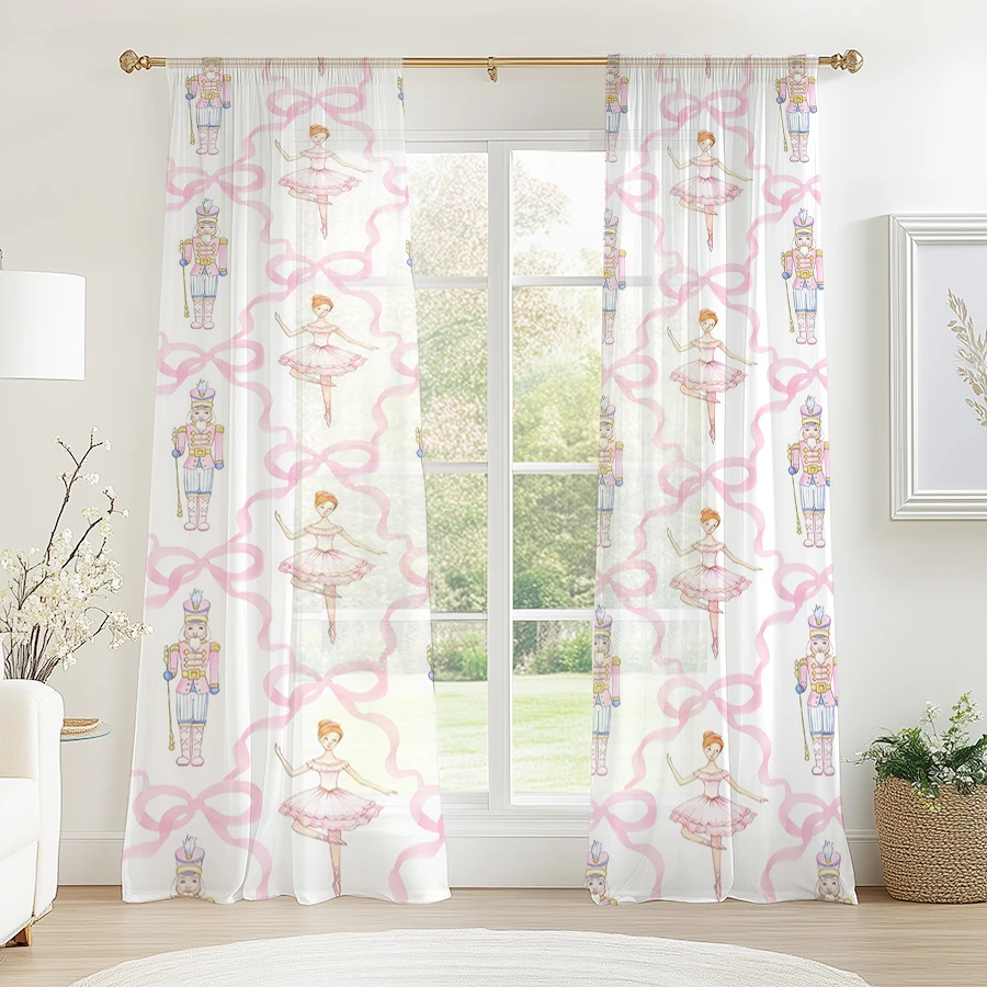2PCS Christmas Winter Sheer Curtains, Ballerina Soldier, Digital Print, Bedroom Living Room, Rod Pocket Polyester, Home Decor