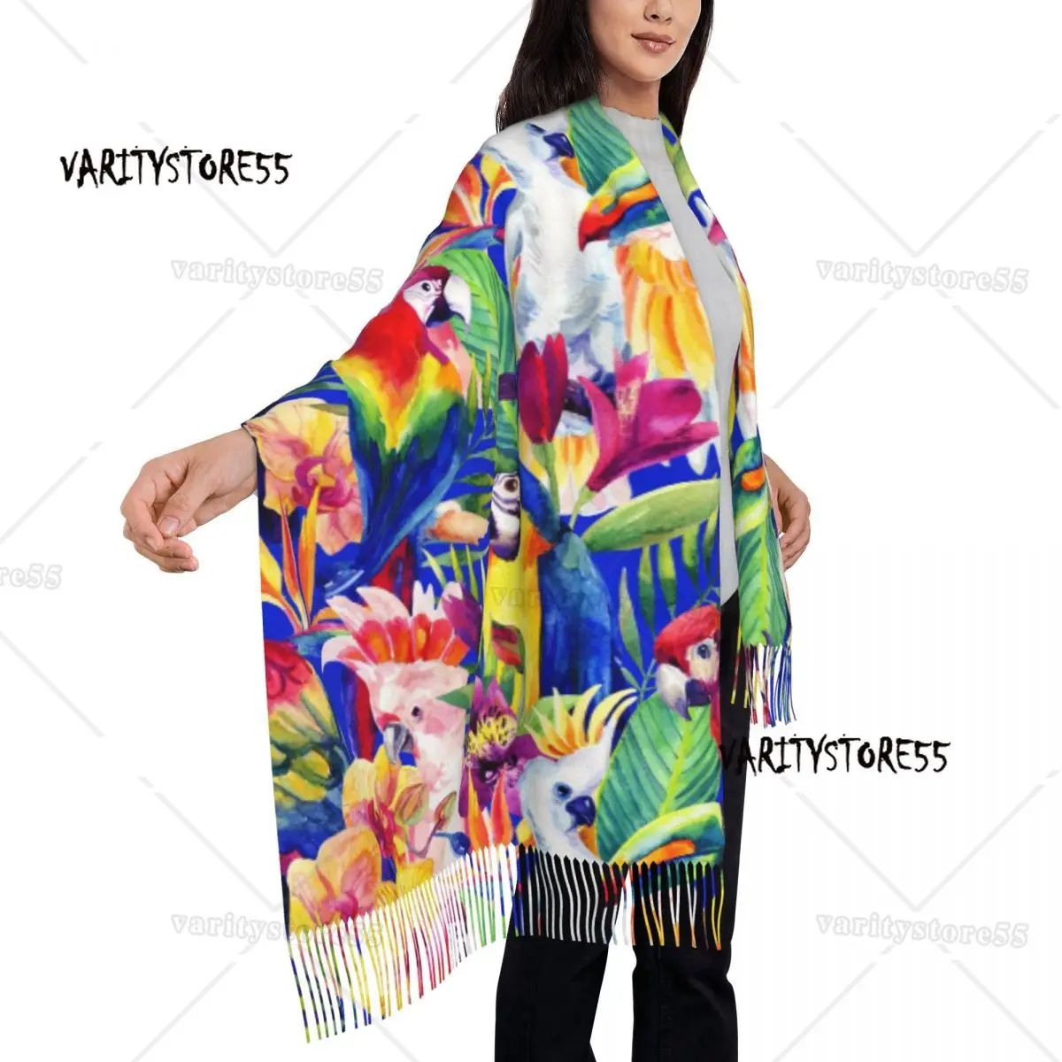 Watercolor Parrots Tropical Flowers Women's Tassel Shawl Scarf Fashion Scarf