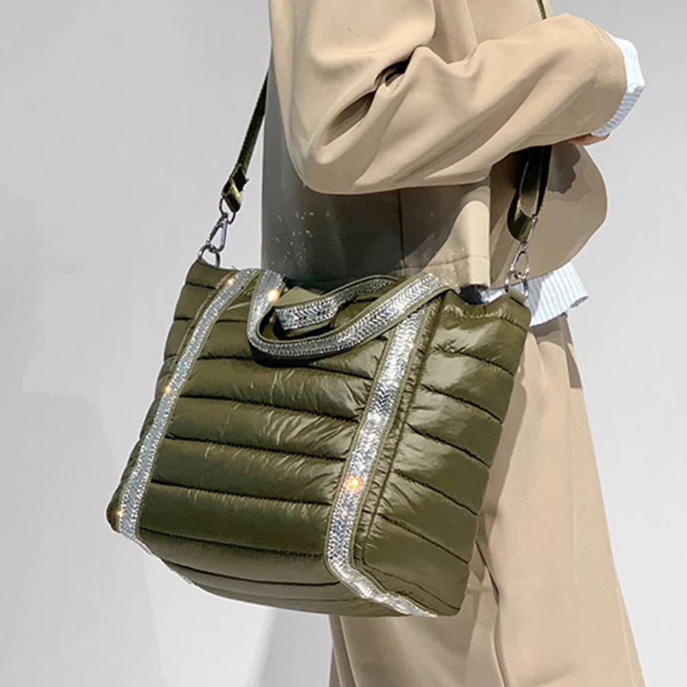 

Роскошная стеганая сумка на плечо с бриллиантами, женская сумка с хлопковой подкладкой, нейлоновые мягкие сумки через плечо для женщин, сумка-ведро для покупок
