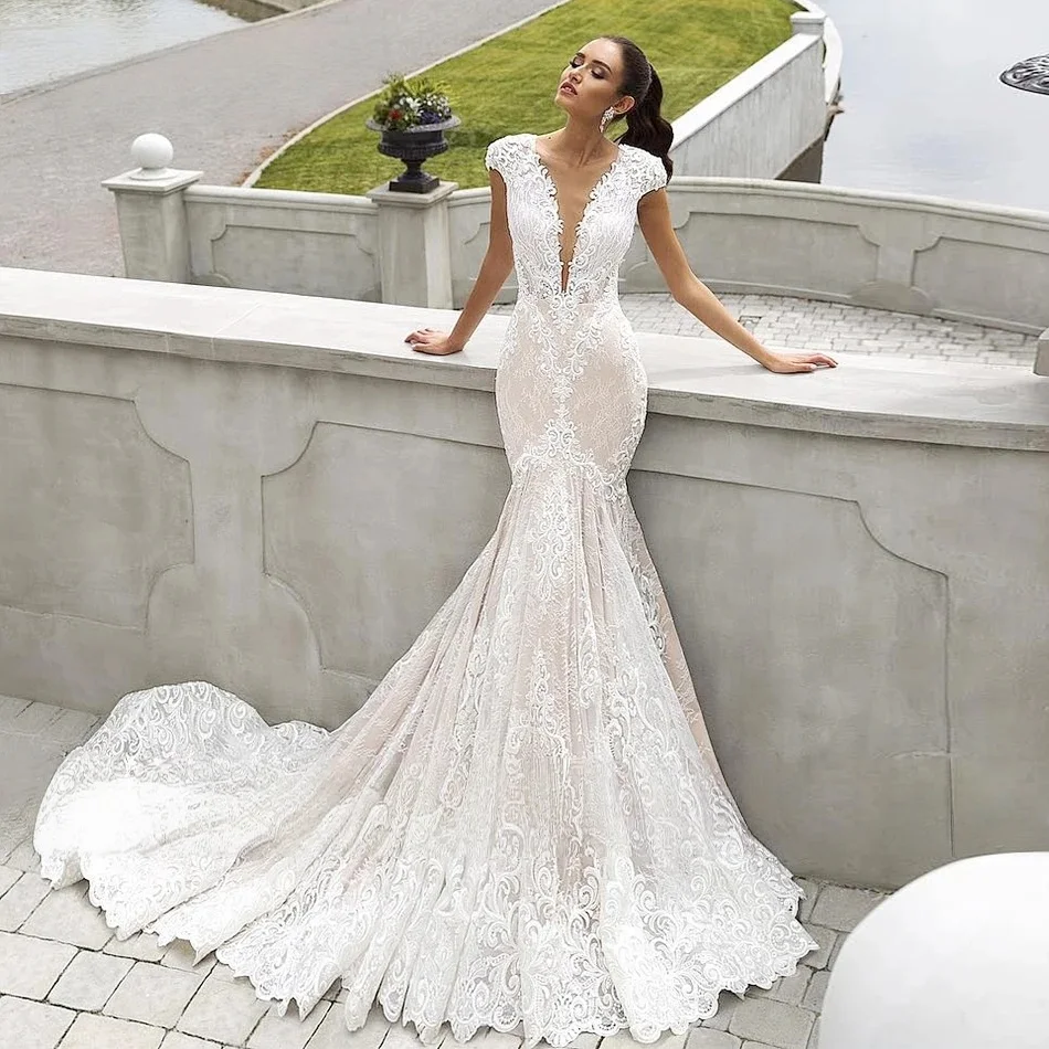 Kant Boho Trouwjurken Zeemeermin Kapmouwtjes Strand Dubai Saudi-Arabië Israël Bruidsjurken Vestido De Novia Aangepast