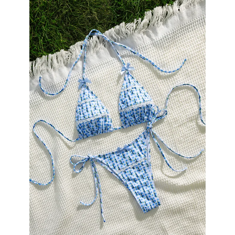 جديد لينة حقيبة مطبوعة الدانتيل تقليم القوس الديكور رقيقة حزام الرسن التعادل عارية الذراعين حزب بيكيني مجموعة