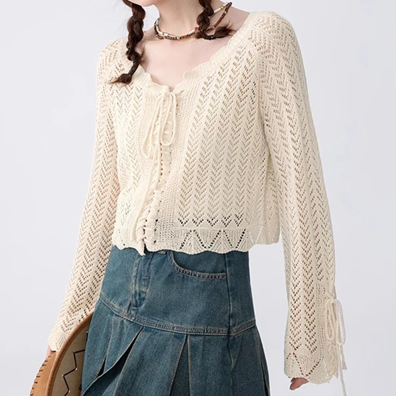 

Tie Front Crochet Top Long Sleeve Button Front Sheer Openwork Knit Blouse Women Summer Boho Vacation Outfit blusas para mujer