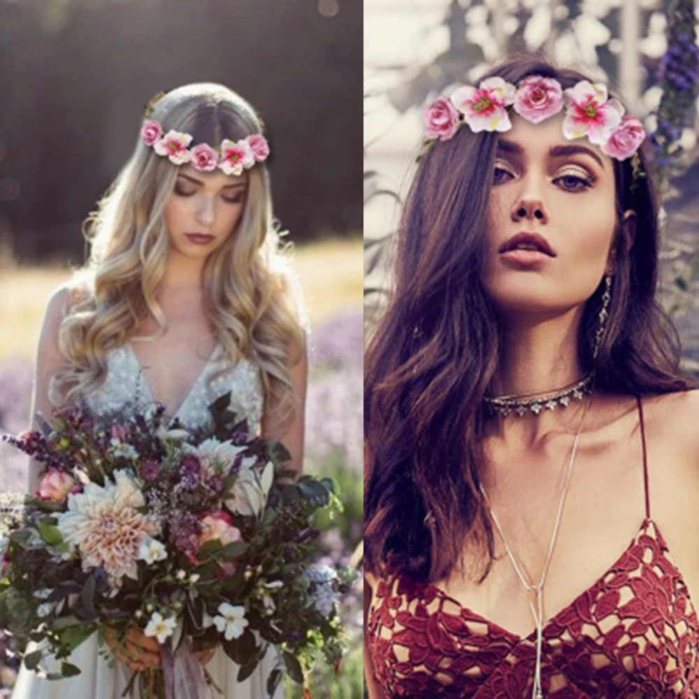 Wedding Bride Flower Crown Hairband Rope Floral Headband Garland Girl Wreath Elastic Hair Accessories Party Cosplay Headpiece