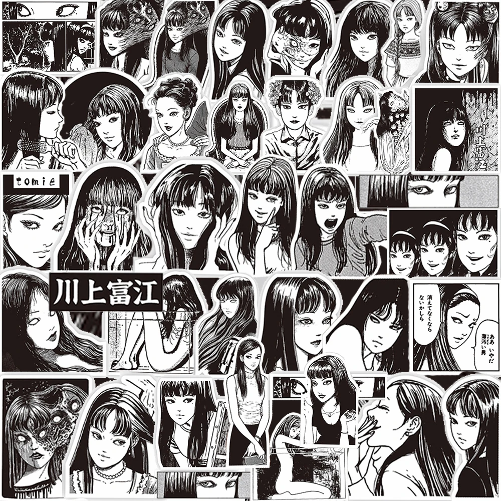 10/30/70 pegatinas de anime Tomie en blanco y negro, calcomanías de la chica de terror Tomie Kawakami para equipaje, portátil, coche, juguete de pegatinas de manga Junji Ito