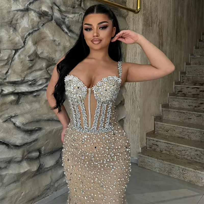 럭셔리 크리스탈 인어 이브닝 가운 여성 딥 브이넥 민소매 댄스 파티 드레스 바닥 길이 바디 컨 정장 가운 파티 드레스