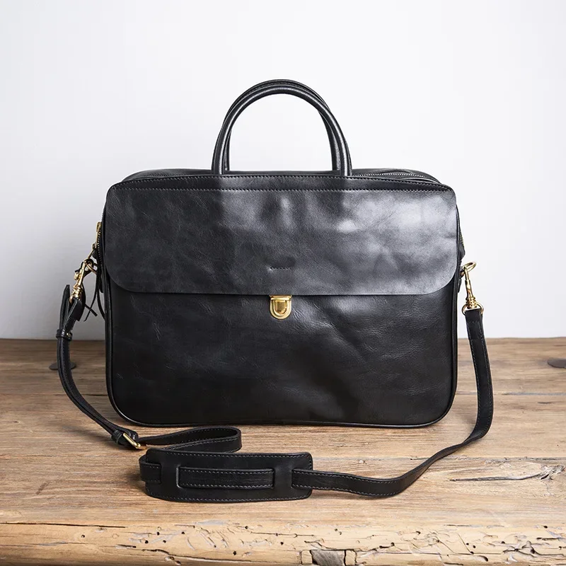 Marca de luxo bolsa de couro masculino retro 15 polegadas maleta cabeça saco computador negócios