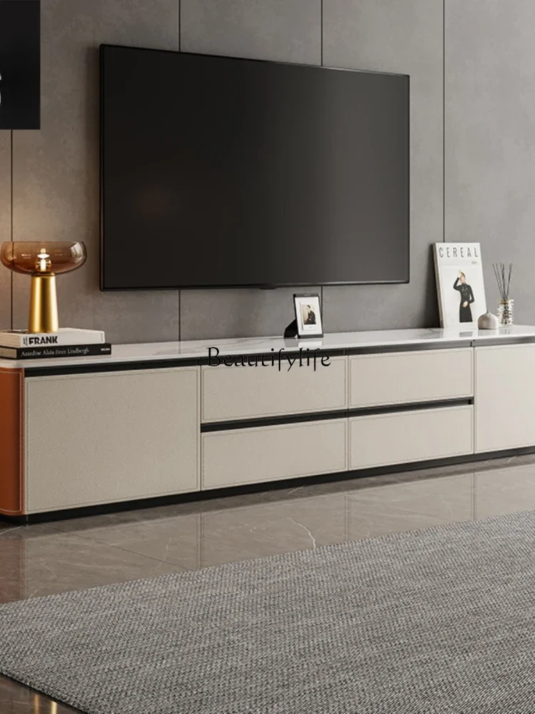 Minimalist cream style TV cabinet Modern high-end light luxury saddle leather solid wood floor cabinet