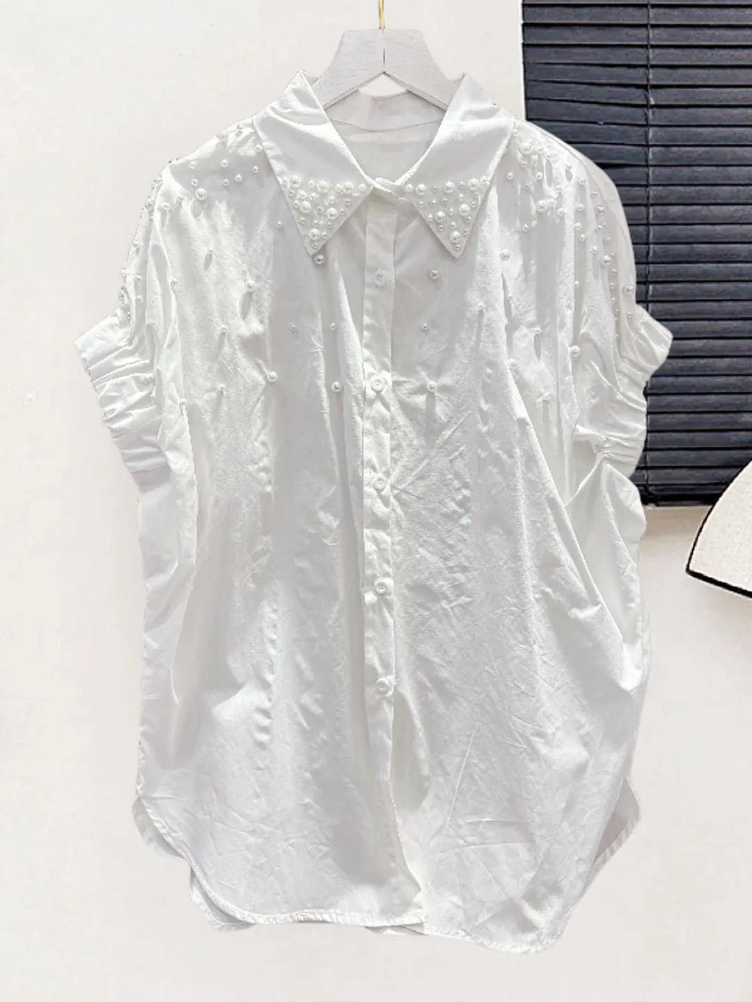White Embellished Short Sleeve Women's Shirt Design Sense Heavy Duty Button up Slimming Versatile Summer New Style Commute Ko...