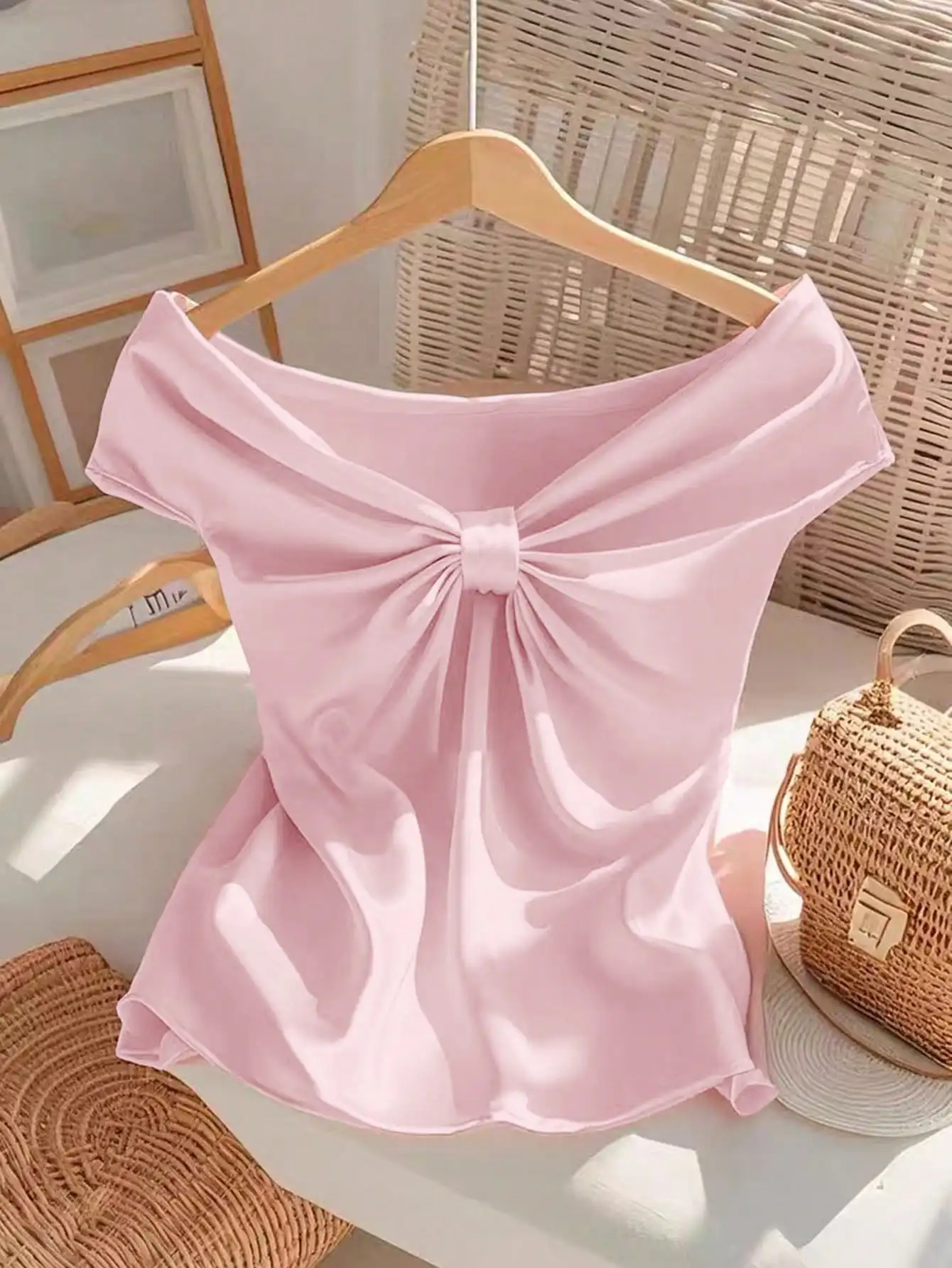 

Women's Off Shoulder Bow Knot Top, Solid Pink Summer Blouse for Casual & Beach Wear