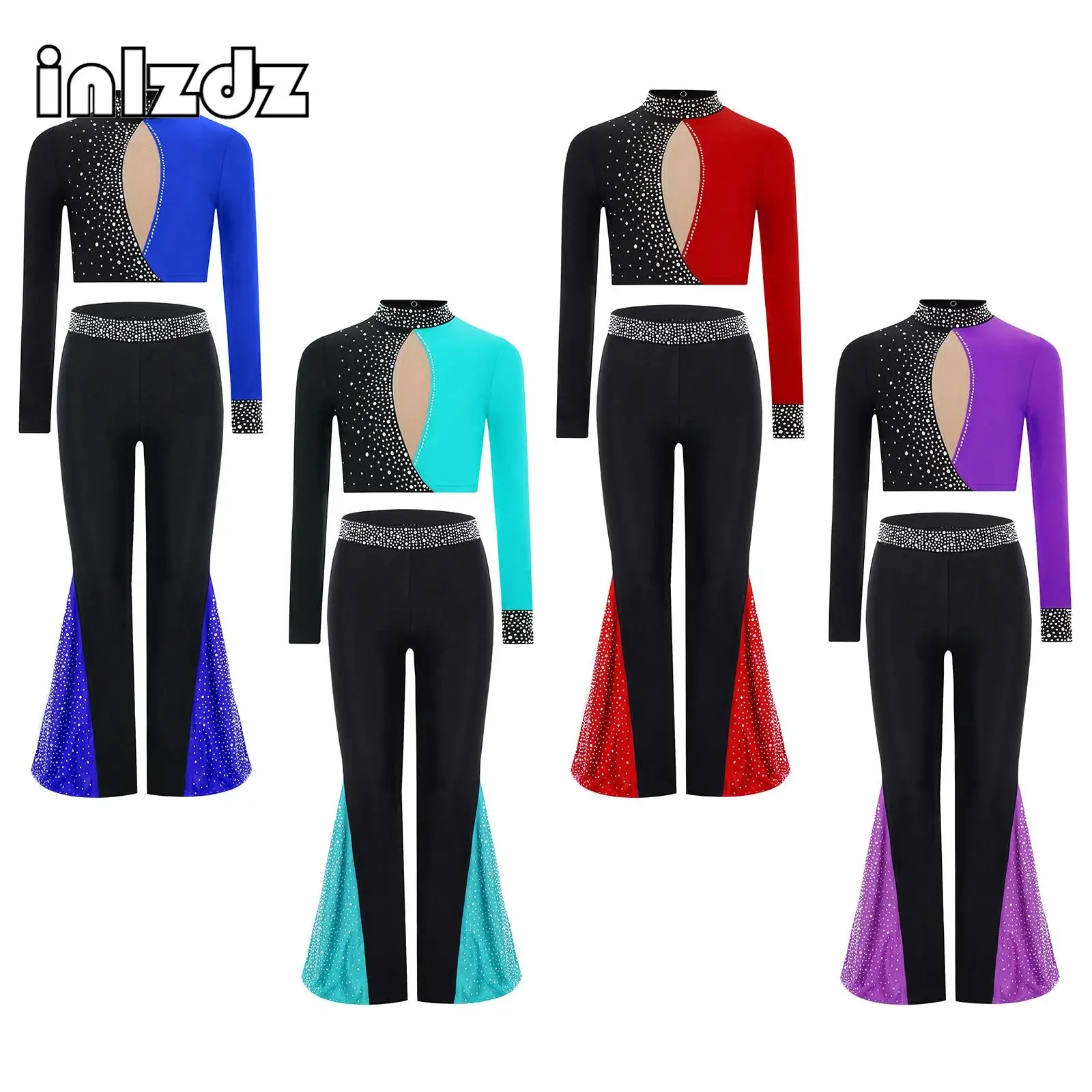 

Girls Modern Lyrical Dance Costumes Long Sleeve Keyhole Back Dance Top Bell-bottomed Pants for Figure Skating Dance Performance