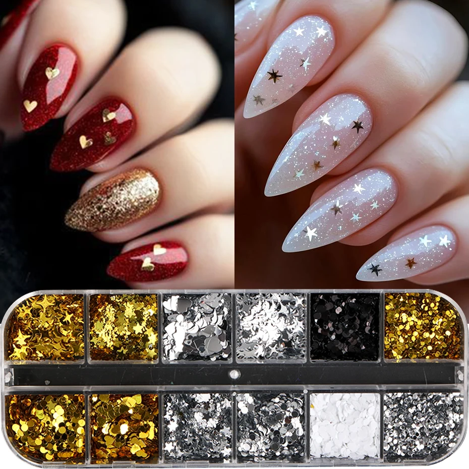 12 شبكة من الترتر اللامع لتزيين الأظافر بأشكال قلوب ونجوم ذهبية وفضية وسوداء وبيضاء ونقاط صغيرة لتزيين الأظافر بنفسك