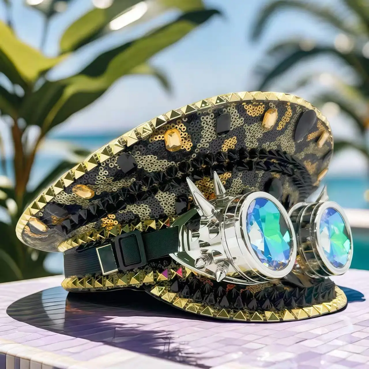 HongLuan Occhiali leopardati Cappelli da capitano Strass per donna festival musicale, cappello per costume di carnevale e accessori femminili cosplay