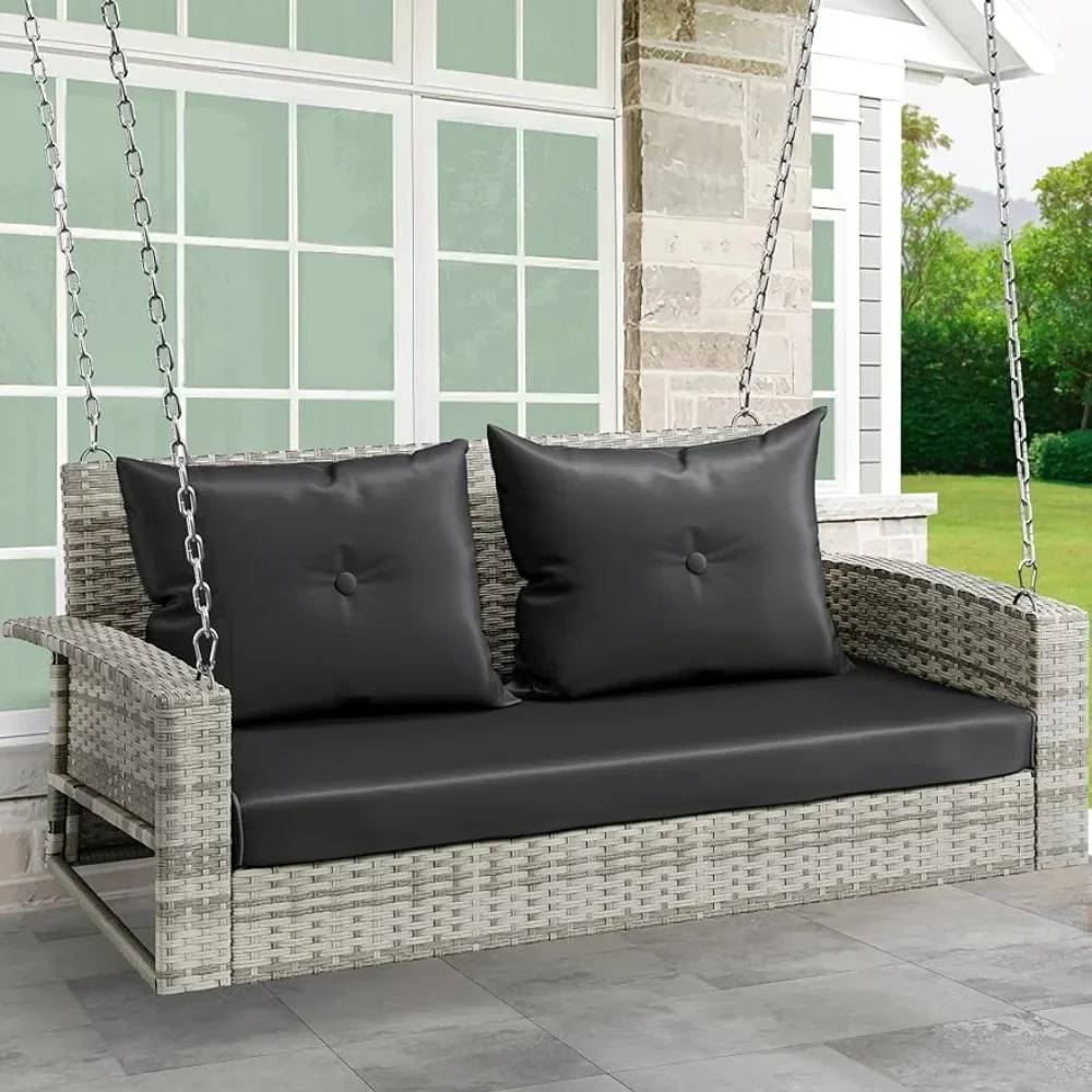 Silla de jardín columpio para exteriores, Columpio de Patio de ratán gris para jardín, balcón, sala de estar, cojines negros de ratán gris